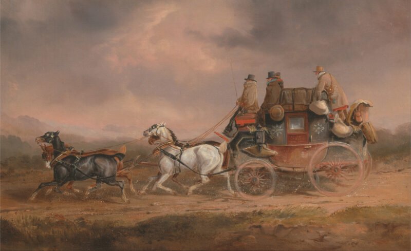 Entregadores dos-correios na estrada de Louth a Londres o correio real progredindo na velocidade (1820-1830)